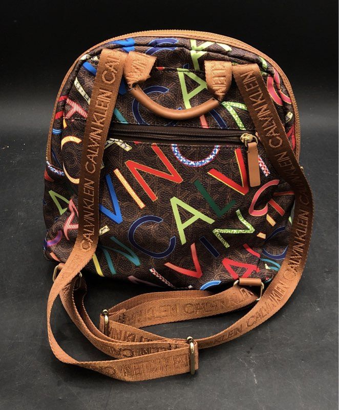 Calvin Klein Brown Multi-Color Graffiti Logo Mini Backpack Gold Hardware