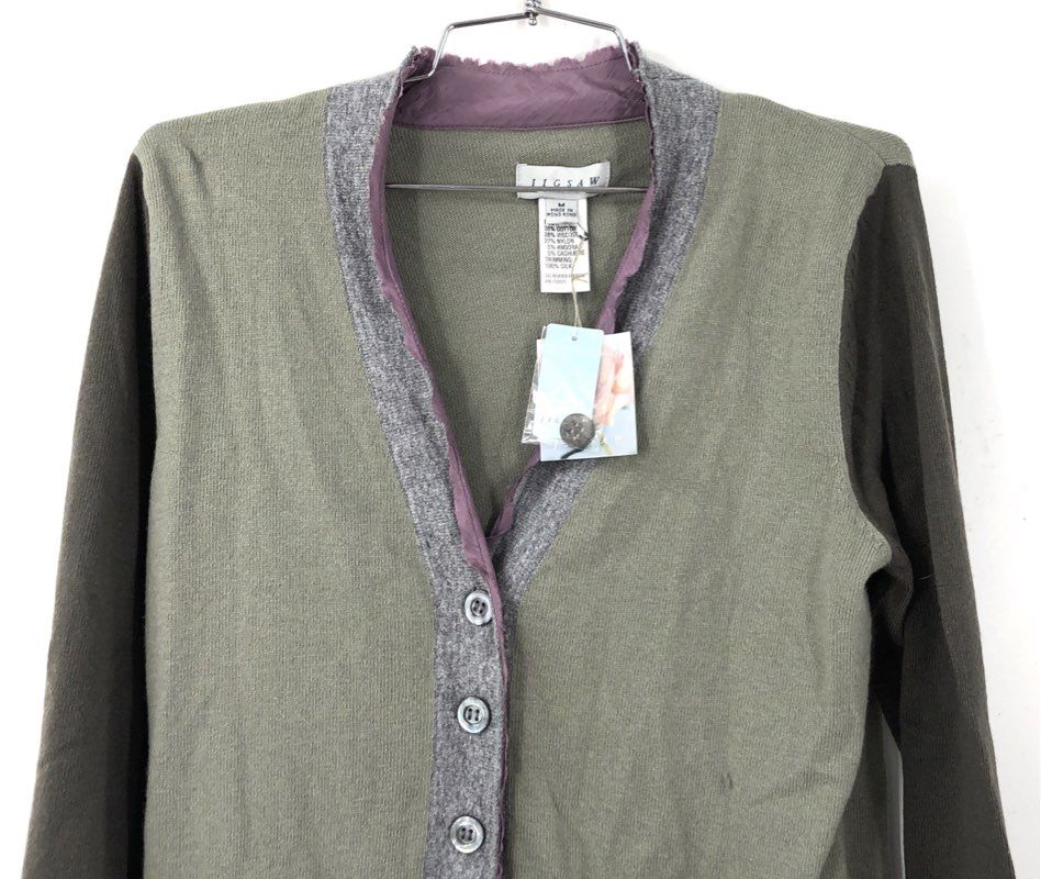 Jigsaw Women's NWT Y2K Patchwork Cardigan Sweater Green Brown Silk Trim Size M