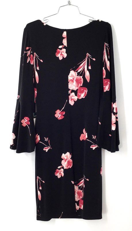 Lauren Ralph Lauren Women's Dress Black Pink Floral Bell Sleeve Sheath Sz 4 NWT
