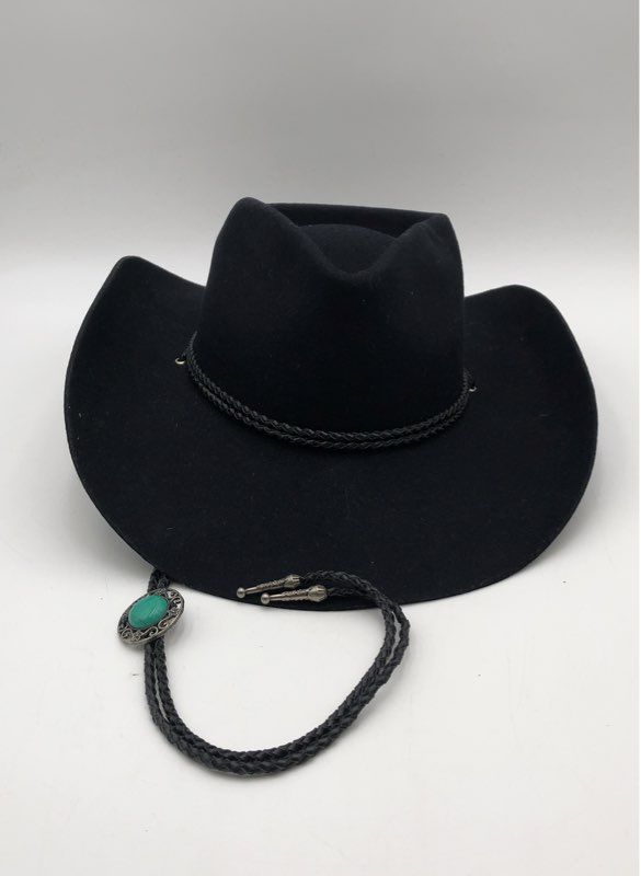 Wyeth Women's Lennox Cowboy Hat Black Wool Braided Turquoise Bolo NWT Sz O/S