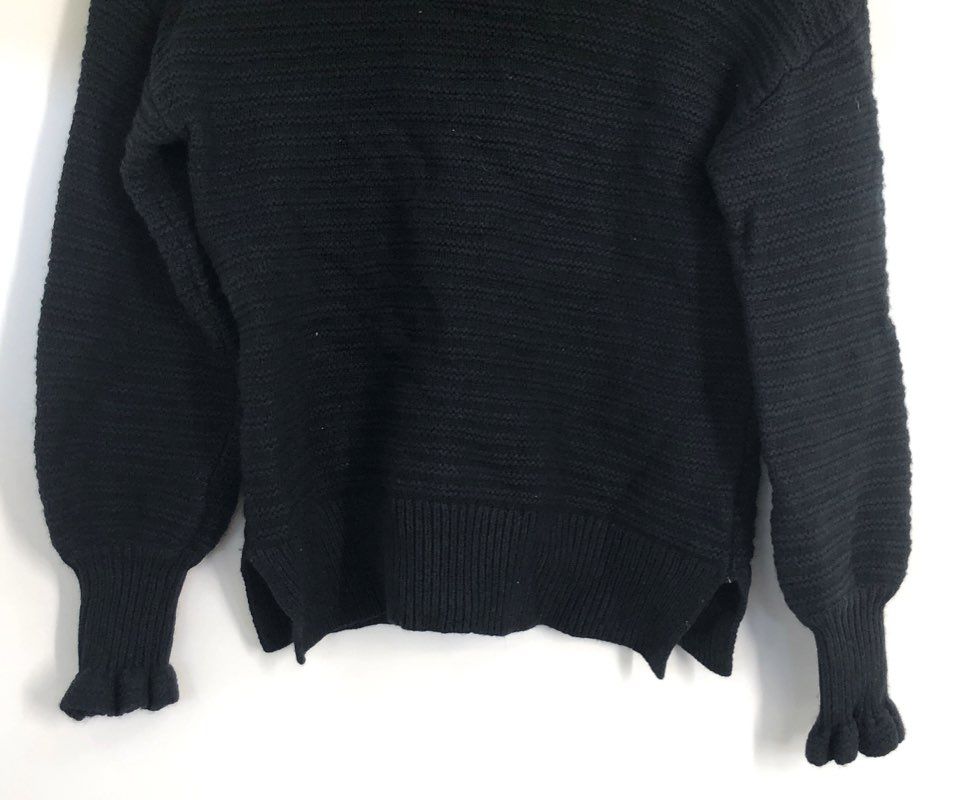 Madewell Women's Black Ruffle Neck Merino Wool Blend Textured Sweater Size XS