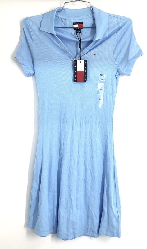 Tommy Jeans Women's Light Blue Ribbed Short Sleeve Skater Polo Dress NWT Sz S