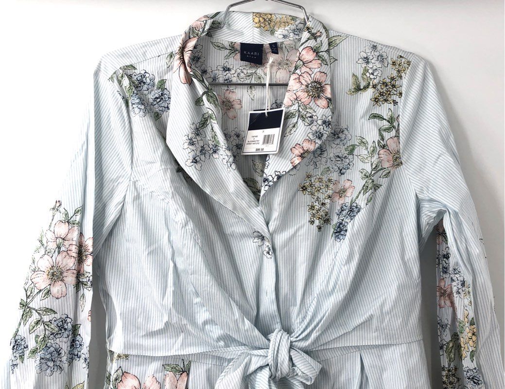 Kaari Blue Women's NWT Shirt Dress Blue White Floral Striped Tie Front Size S
