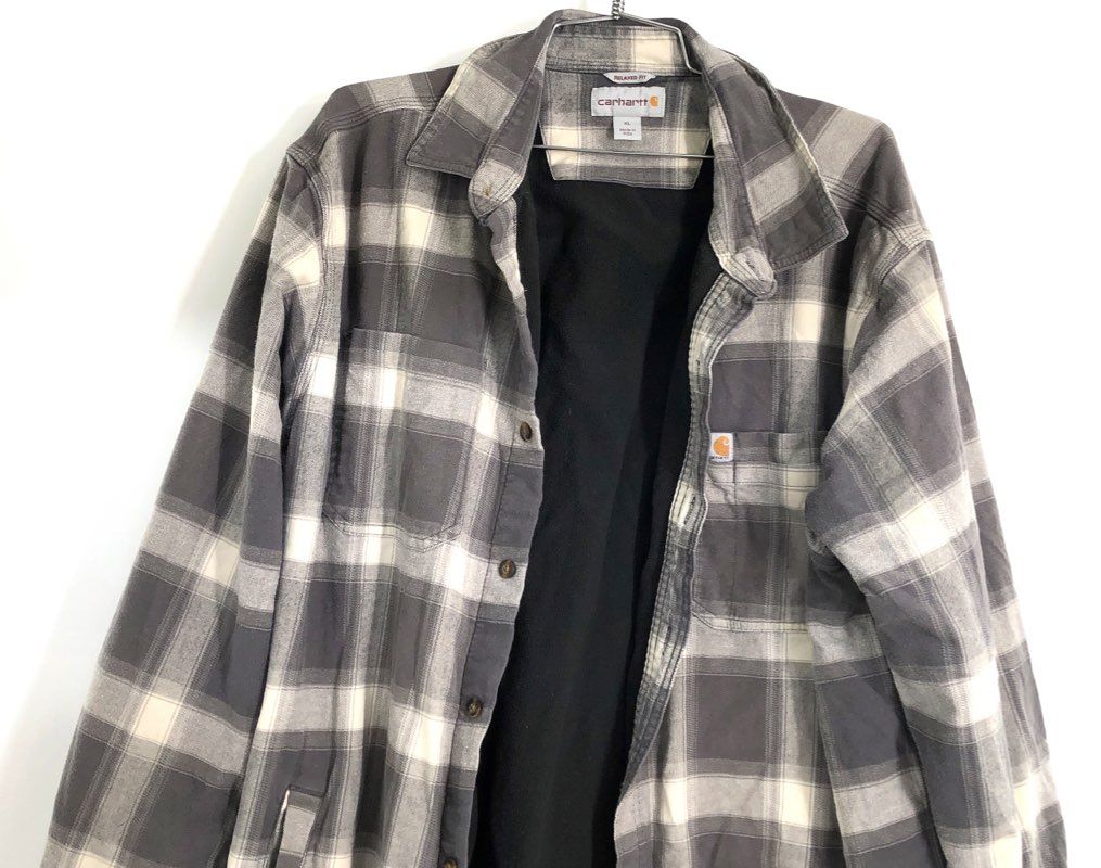 Carhartt Relaxed Fit Fleece Lined Plaid Rugged Flex Shirt Jacket Gray Sz XL