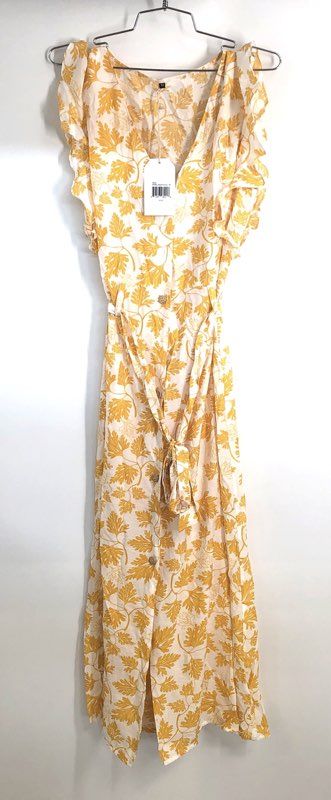 Bahia Women's Shelley Beach Dress Yellow White Floral Leaf Ruffle NWT Size M