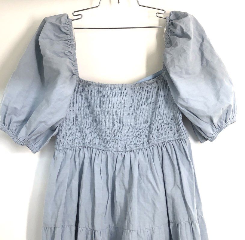 Minkpink Women's Azalea Midi Dress Sky Blue NWT Cotton Linen Smocked Sz M