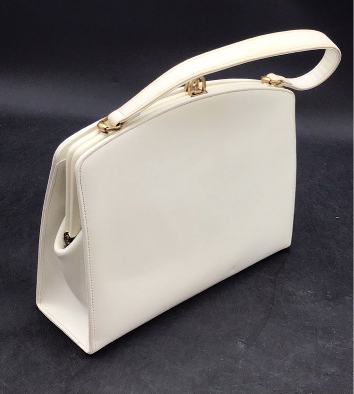Vintage 1960s Rich Craft White Leather Frame Bag Satchel Red Lining Coin Purse