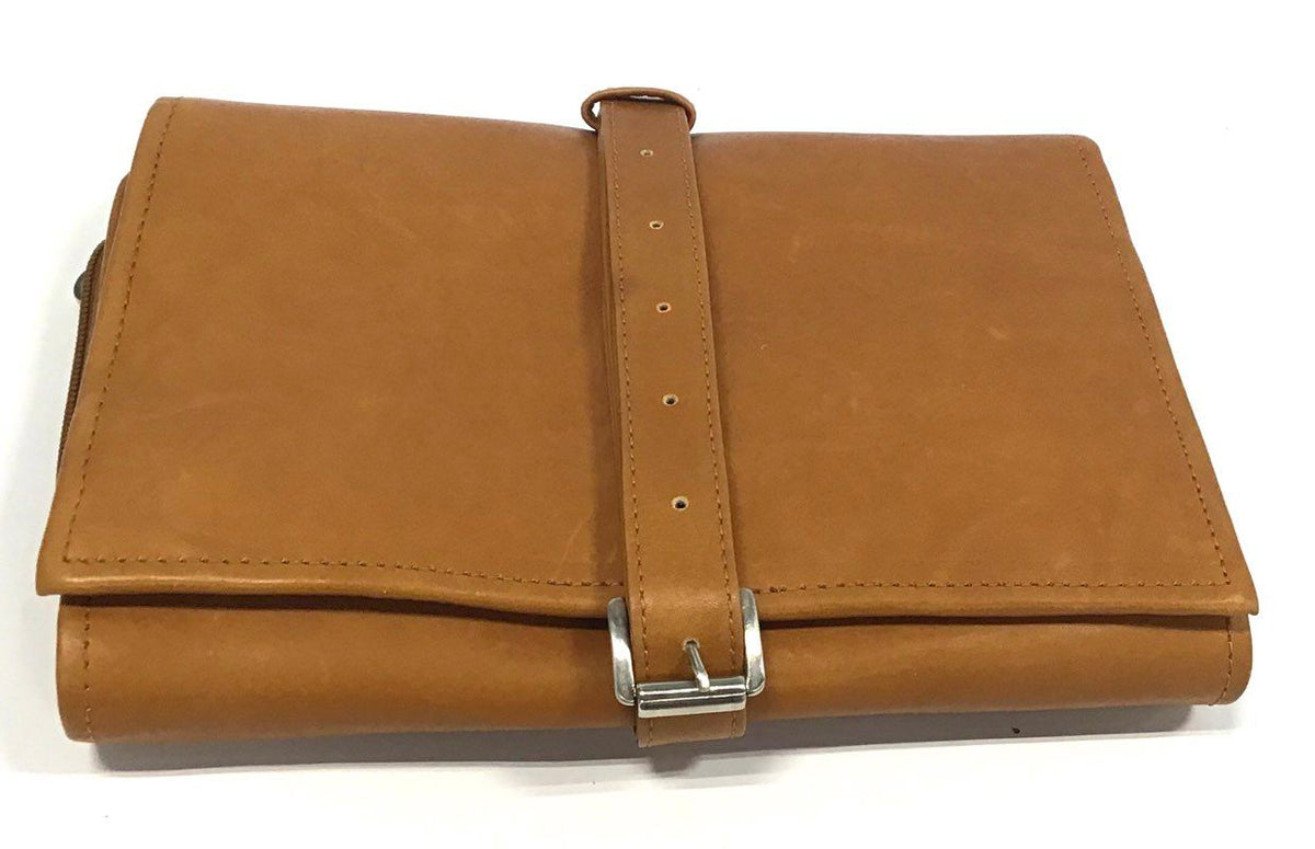 Piel Tan Genuine Leather Hanging Toiletry Bag Travel Dopp Kit Silver Hardware