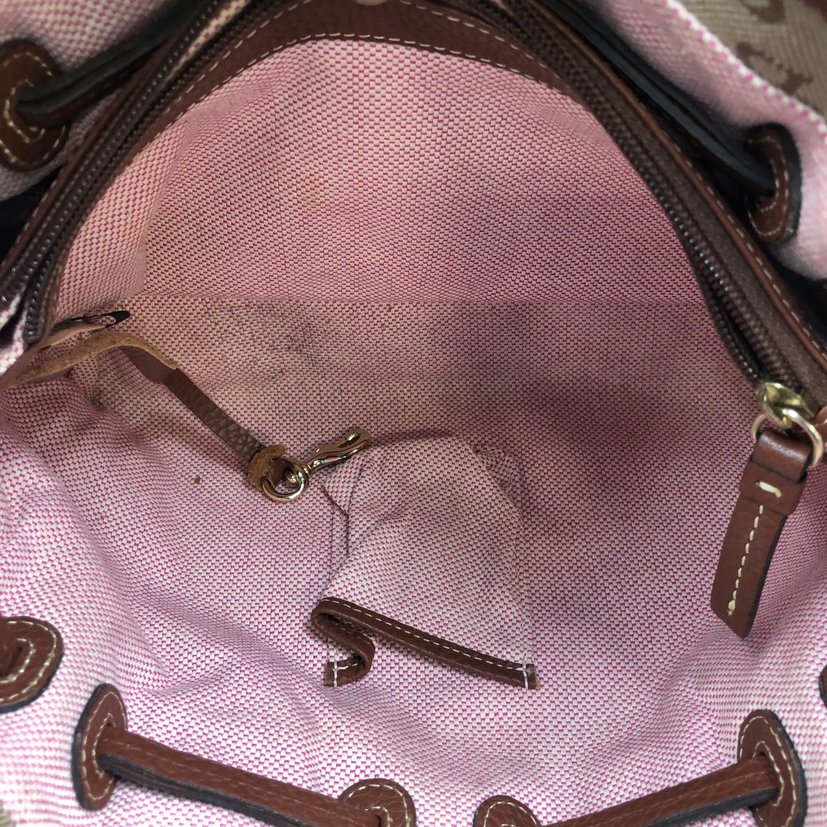 Dooney & Bourke Brown Signature Canvas Monogram Drawstring Satchel Bag COA