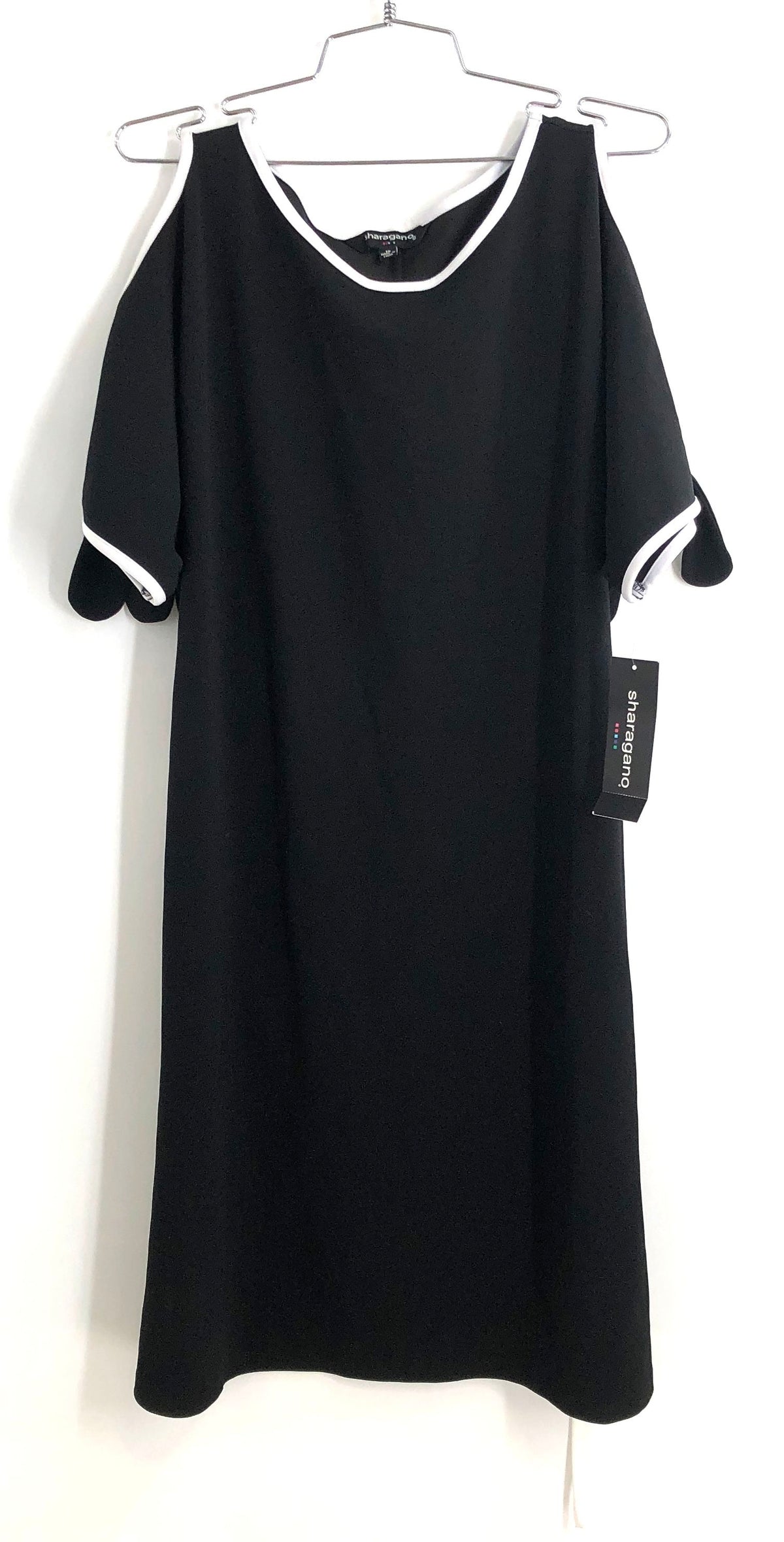 Sharagano Women's Black Cold Shoulder Dress White Trim Stretch NWT Size 16