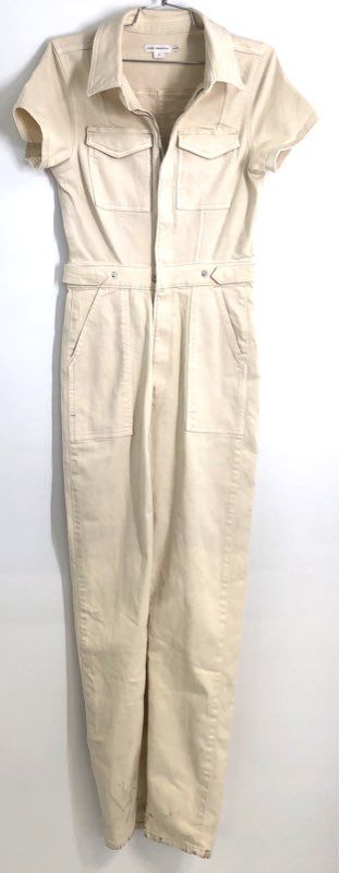 Good American Women's Cream Denim Zip Front Short Sleeve Utility Jumpsuit Sz S