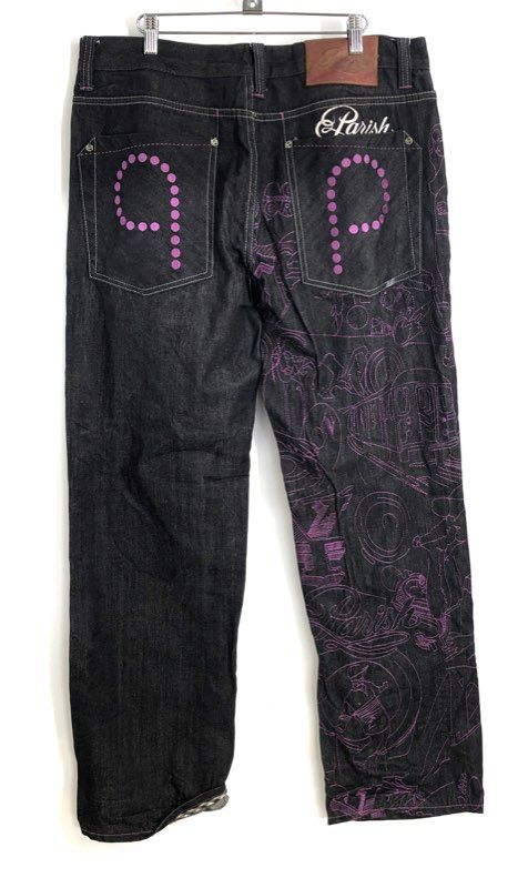 Parish Men's Dark Wash Graphic Embroidered Streetwear Jeans Sz 38