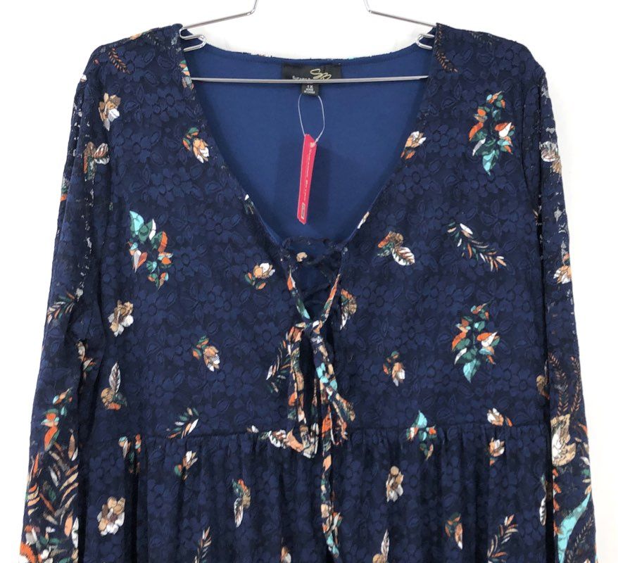 Suzanne Betro Women's Blue Floral Lace Overlay Boho Midi Dress NWT Size 1X