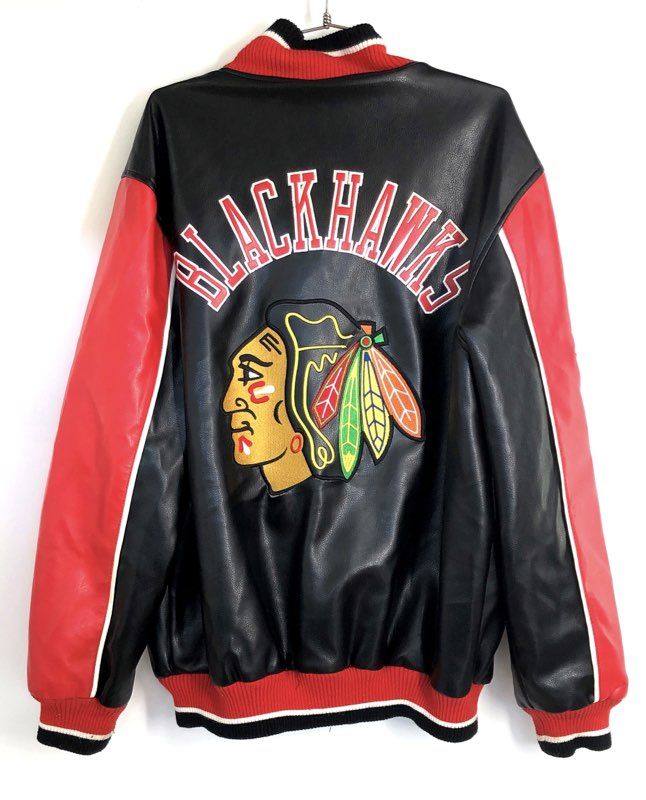 NHL Chicago Blackhawks Men's Faux Leather Western Conference Patch Jacket Sz L