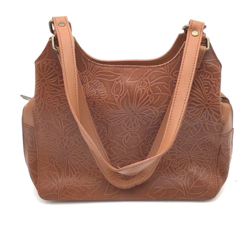 Anuschka Tan Brown Embossed Leather Floral Butterfly Shoulder Bag Handbag
