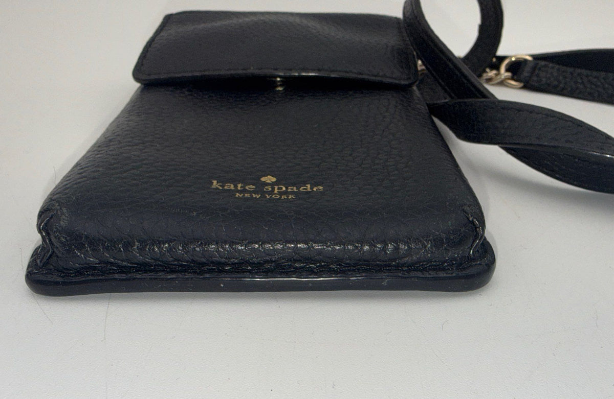 Kate Spade Black Pebbled Leather Phone Crossbody Bag Gold Hardware Small