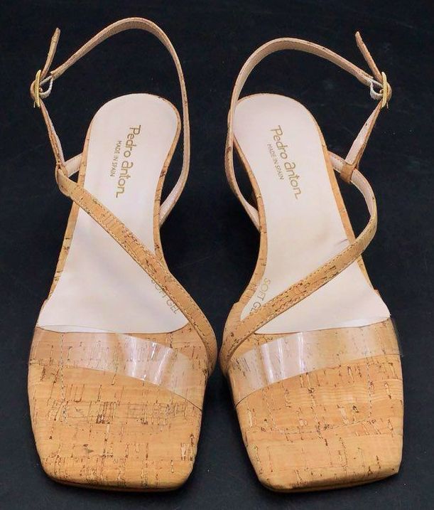 NIB Pedro Anton Women's Tan Cork Embossed Leather Slingback Heels - Size 40