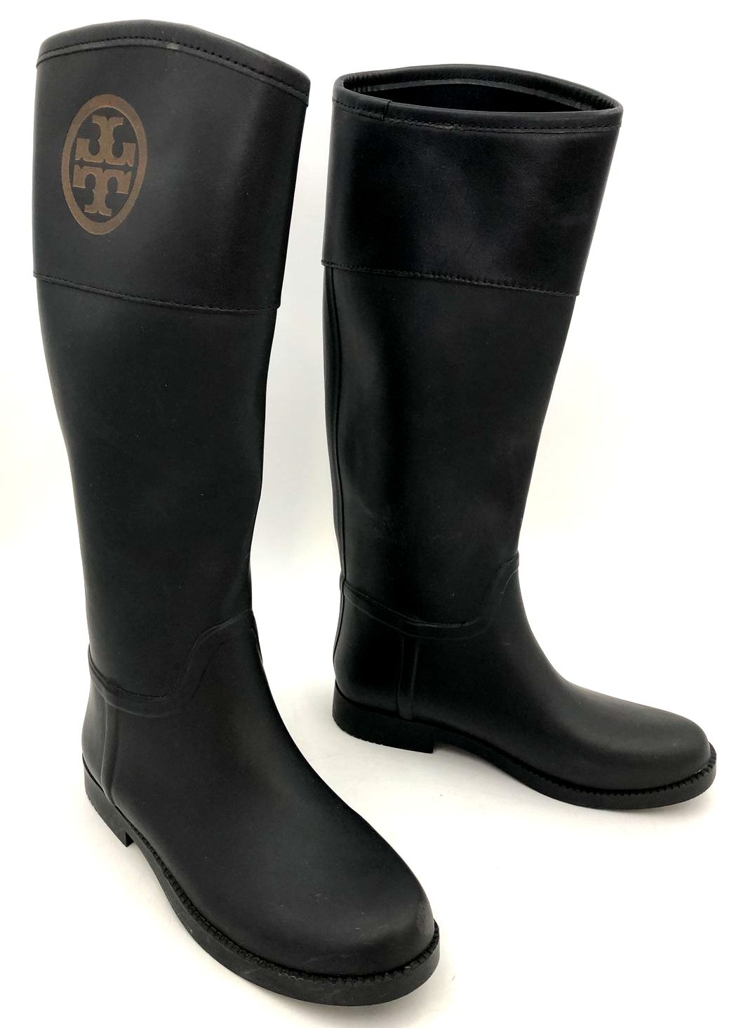 Tory Burch Women's Black Rubber/Leather Rain Boots w/ Logo Detail - Sz 7B (+COA)