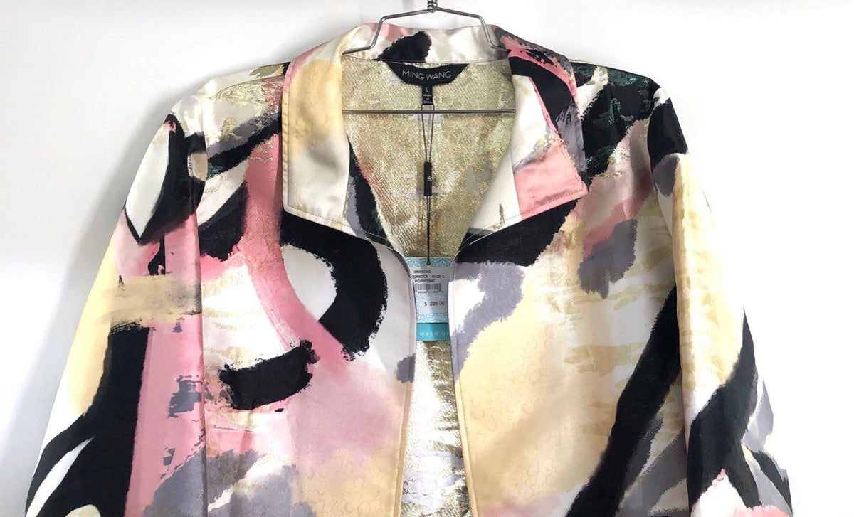 Ming Wang Women's Blazer Multicolor Metallic Abstract Open Front NWT Sz L
