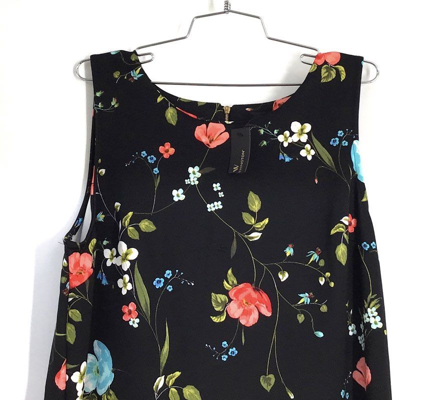 Worthington Women's Black Floral Sleeveless Shift Dress Gold Back Zip Sz XL NWT