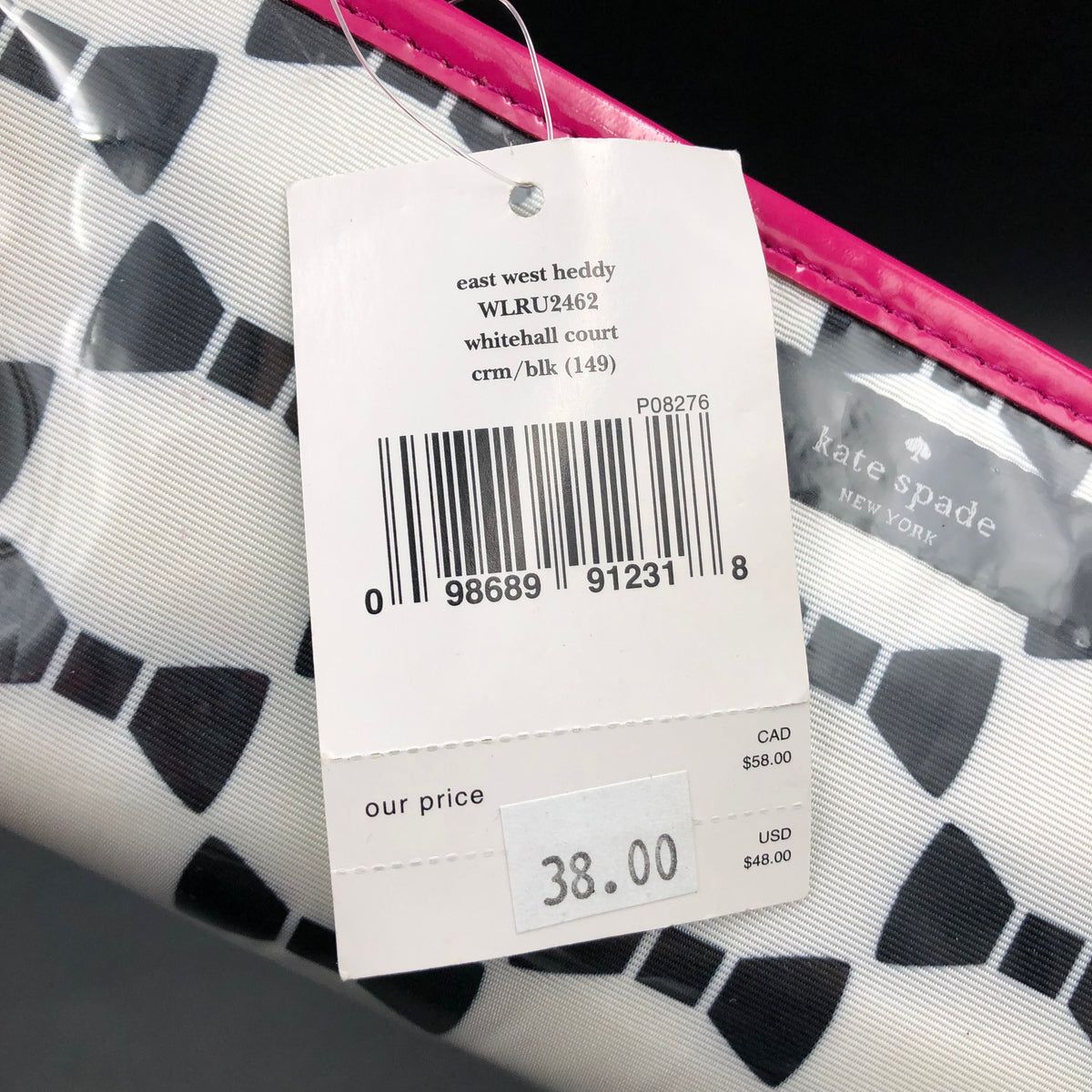 Kate Spade Heddy White/Black Bow Print Cosmetics Pouch w/ Pink Trim & Tag (+COA)