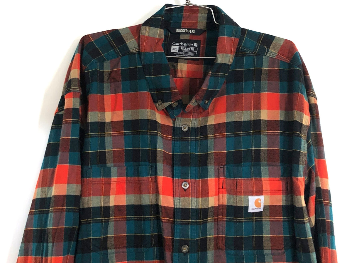 Carhartt Men's Rugged Flex Relaxed Fit Orange Navy Plaid Shirt 3XL