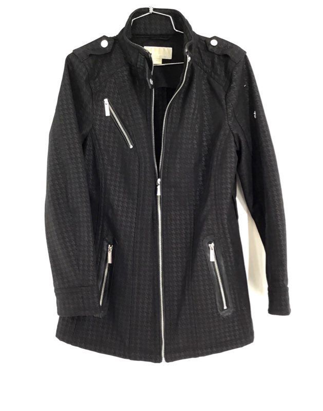 Michael Kors Women&#39;s Black Gray Houndstooth Full Zip Rain Coat - Size Small