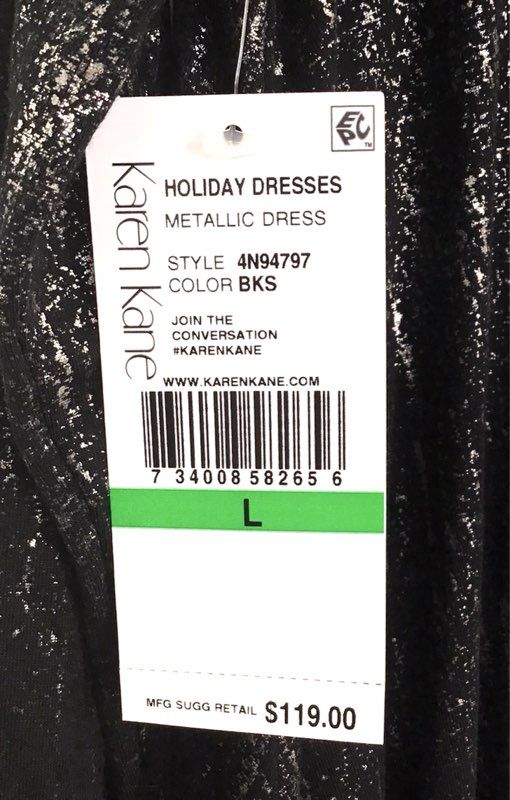 Karen Kane Women's Black Silver Metallic Ombre Holiday LS Dress Sz L NWT