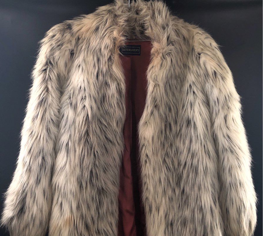 Vintage 80s Outerlayers Women's Cream Black Shag Faux Fur Coat Sz 11/12