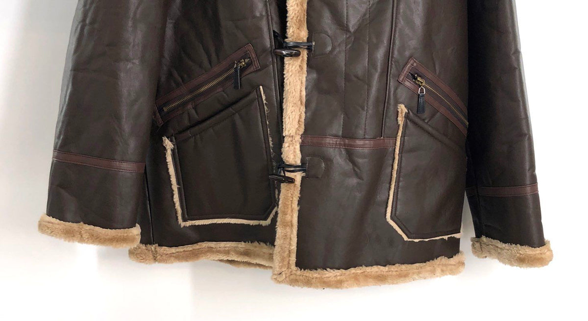Men's Brown Faux Leather Shearling Hooded Bomber Jacket Toggle Closure Sz 2XL