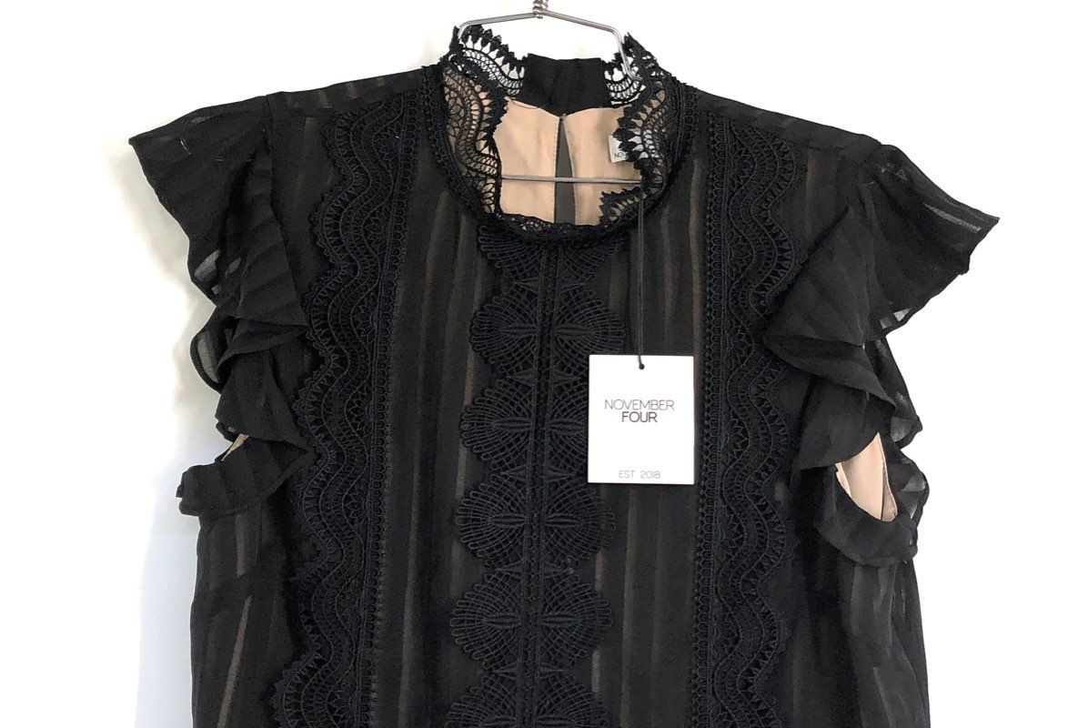 November Four Women's Black Lace Sheer Stripe Flutter Blouse Sz S NWT