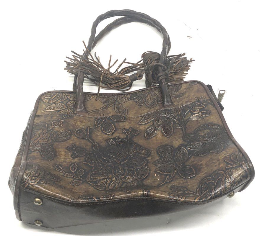 Patricia Nash Brown Tooled Rose Leather Satchel Handbag Medium Tassel