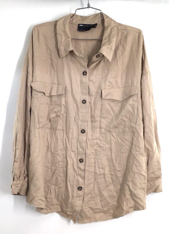 ASOS DESIGN Women's Tan Viscose Linen Blend Curve Oversized Button Shirt Sz 14