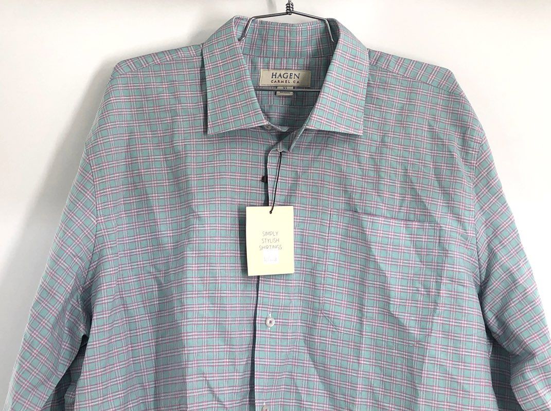 Hagen Men's Aqua Pink Plaid Linen Cotton Blend Button Up Shirt Sz XL NWT