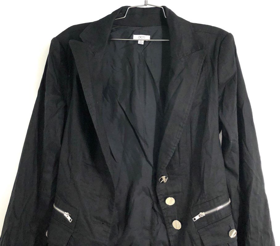 Cache Women's Black Linen Blend Zipper Pocket Back Buckle Blazer Jacket Sz L