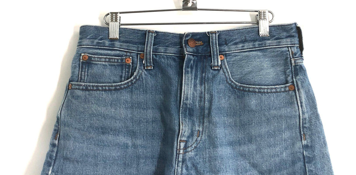 Madewell Women's Relaxed Mid-Length Denim Shorts Blue Raw Hem Size 25