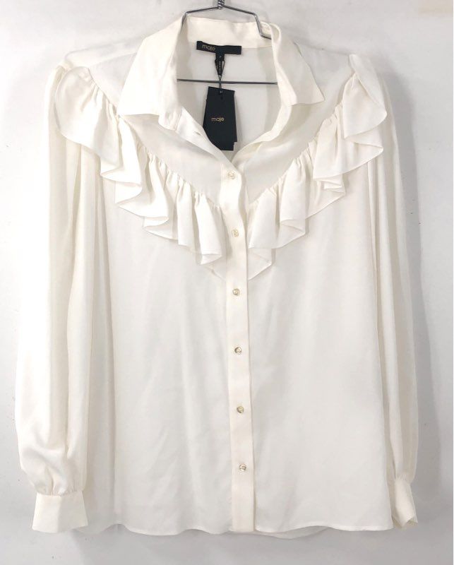 NWT Maje Women's White Ruffle Button-Up Shirt - Size 2