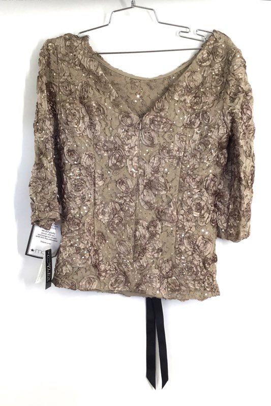 Alex Evenings Women's Champagne 3D Rosette Lace Sequin Evening Blouse NWT Sz M