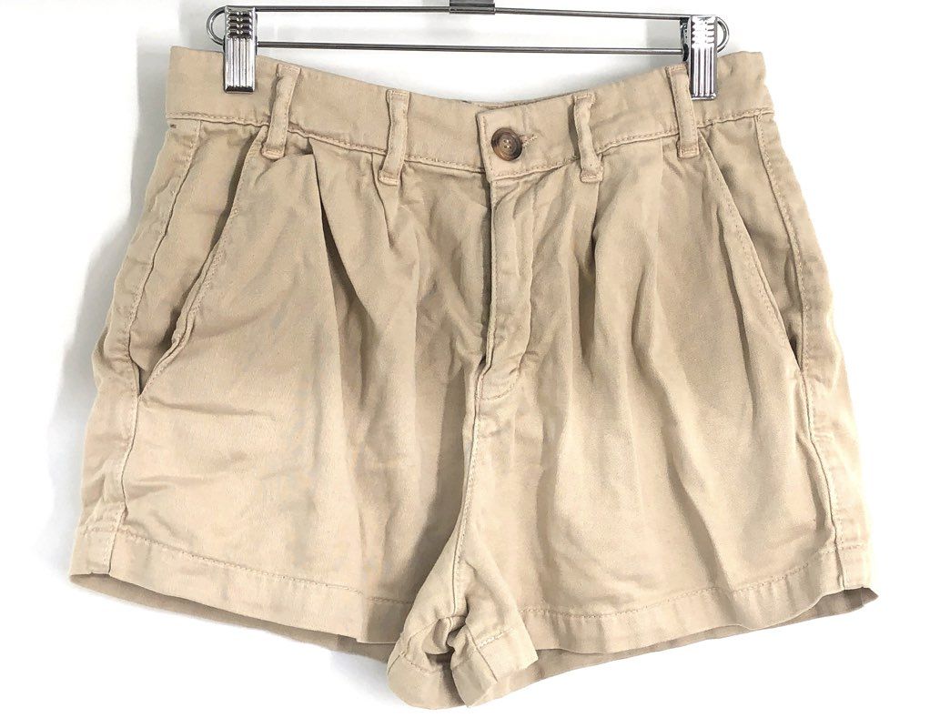Free People Women's Tan High Rise Pleated Cotton Twill Chino Shorts Sz 0