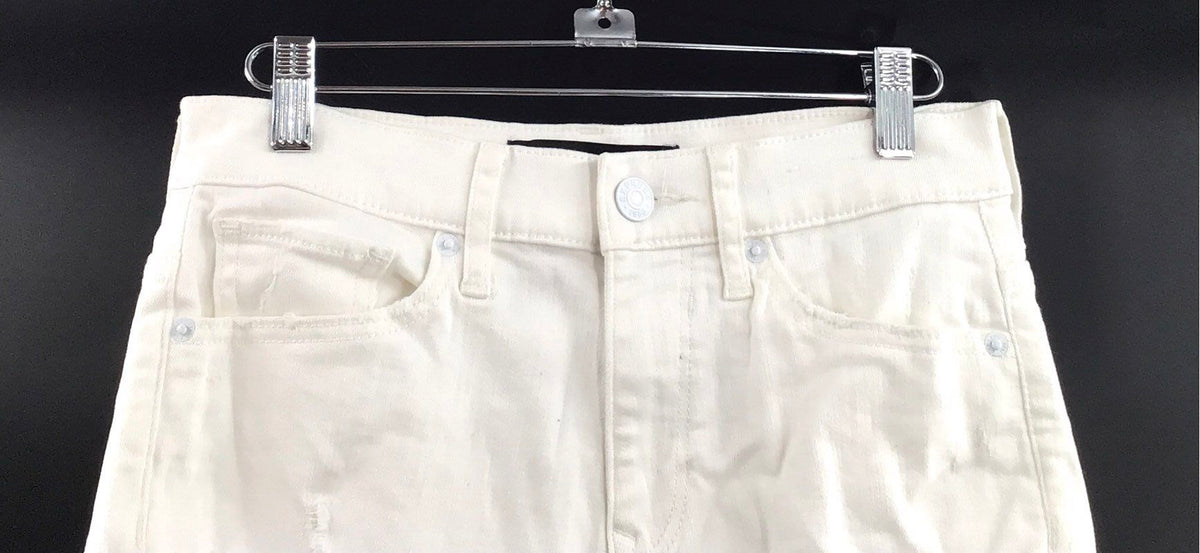 Express Women's Bermuda High Rise White Distressed Denim Shorts Stretch Sz 2