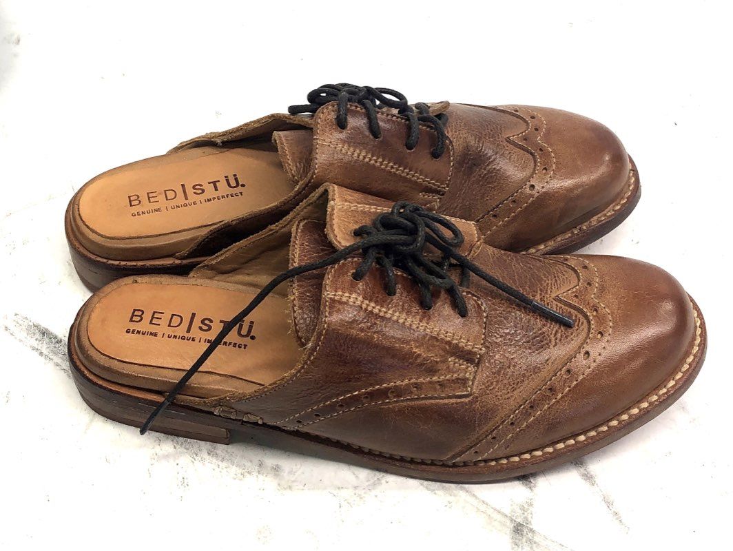 Bed Stu Mickie Distressed Brown Leather Wingtip Cobbler Mule Shoes Women's Sz 7