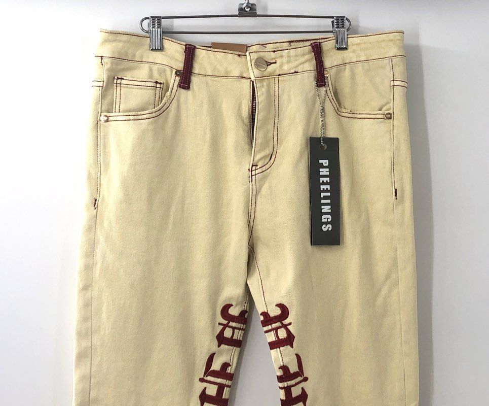 Pheelings Men's Cream Graphic Jeans Gothic Lettering Raw Hem Stretch Sz 34 NWT