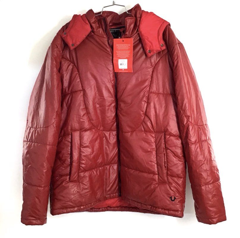 True Religion Men's Ruby Red Hooded Shiny Puffer Jacket NWT Size 3XL