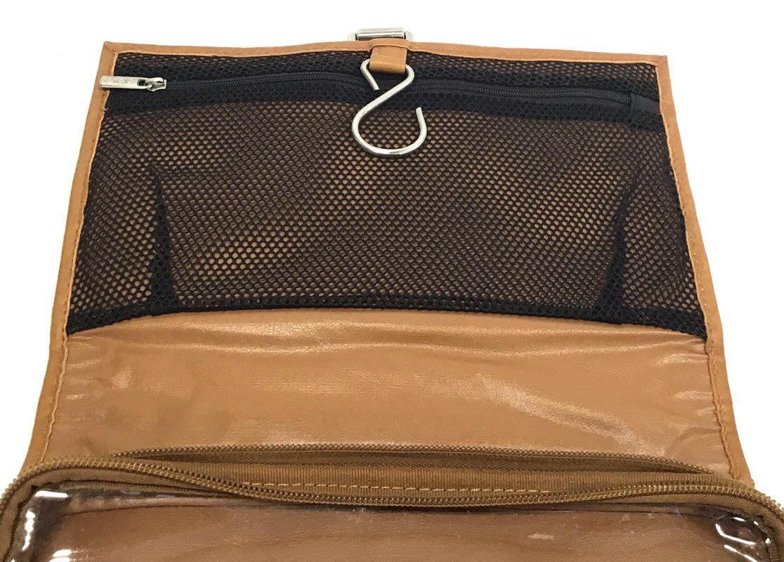 Piel Tan Genuine Leather Hanging Toiletry Bag Travel Dopp Kit Silver Hardware