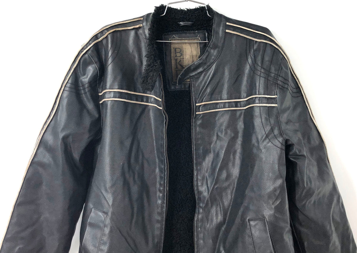 BKE Men's Black Faux Leather Moto Jacket Sherpa Lined Y2K Sz L