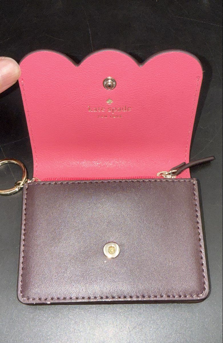 Kate Spade Burgundy Plum Scallop Leather Card Case Keychain Wallet Pink Interior