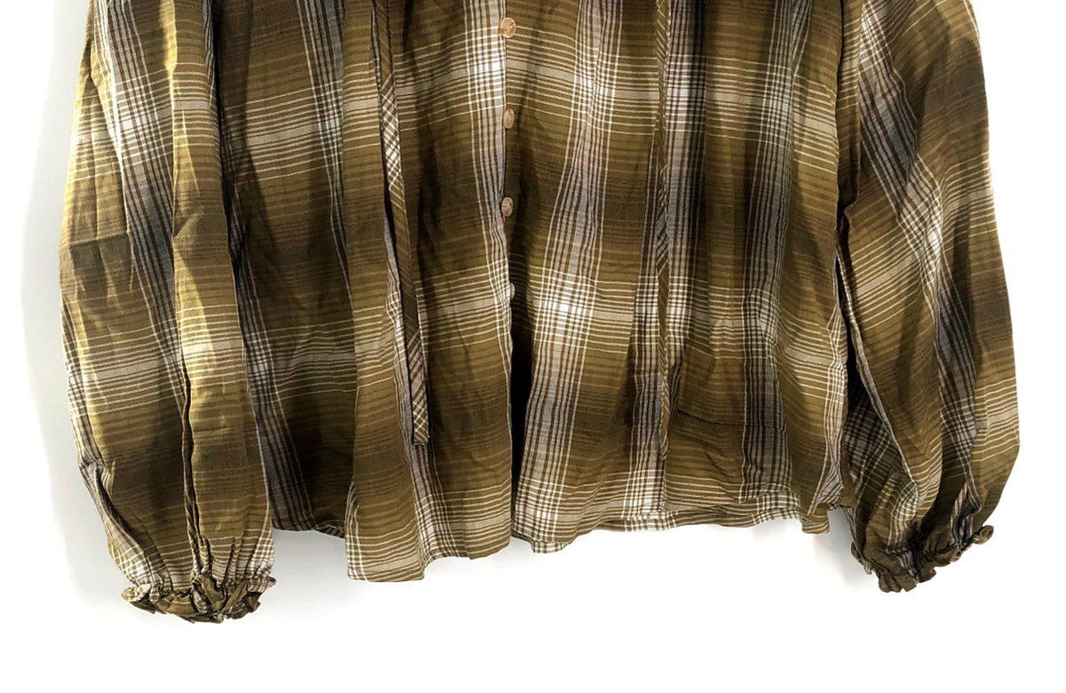 blu pepper Women's Olive Brown Ombre Plaid Button Front Blouse Sz M NWT