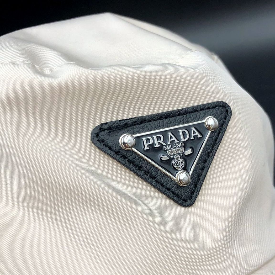 NWT Prada Inspired Beige Nylon Unisex Bucket Hat with Black/Silver Triangle Logo