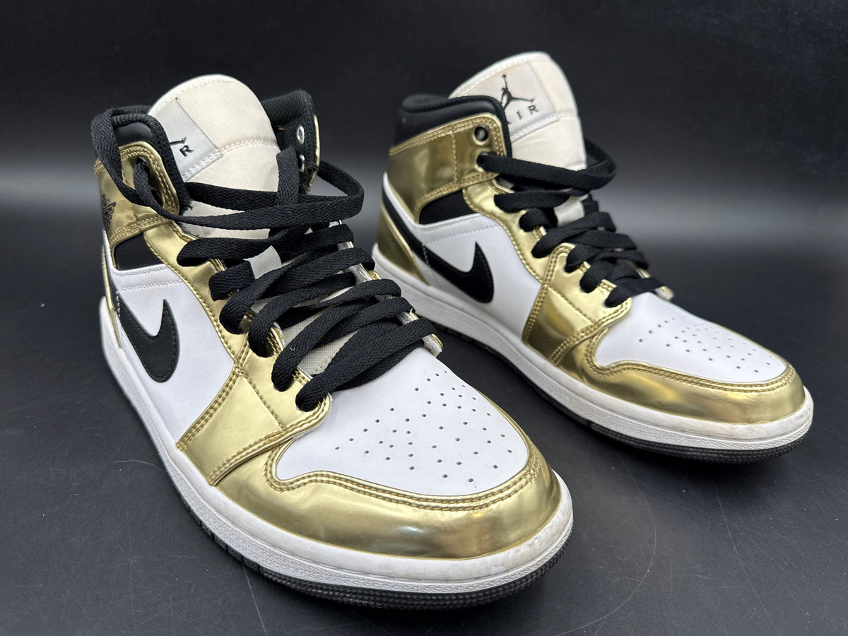 Nike Air Jordan 1 Mid SE Metallic Gold White Black Sneakers Men's Size 8 COA
