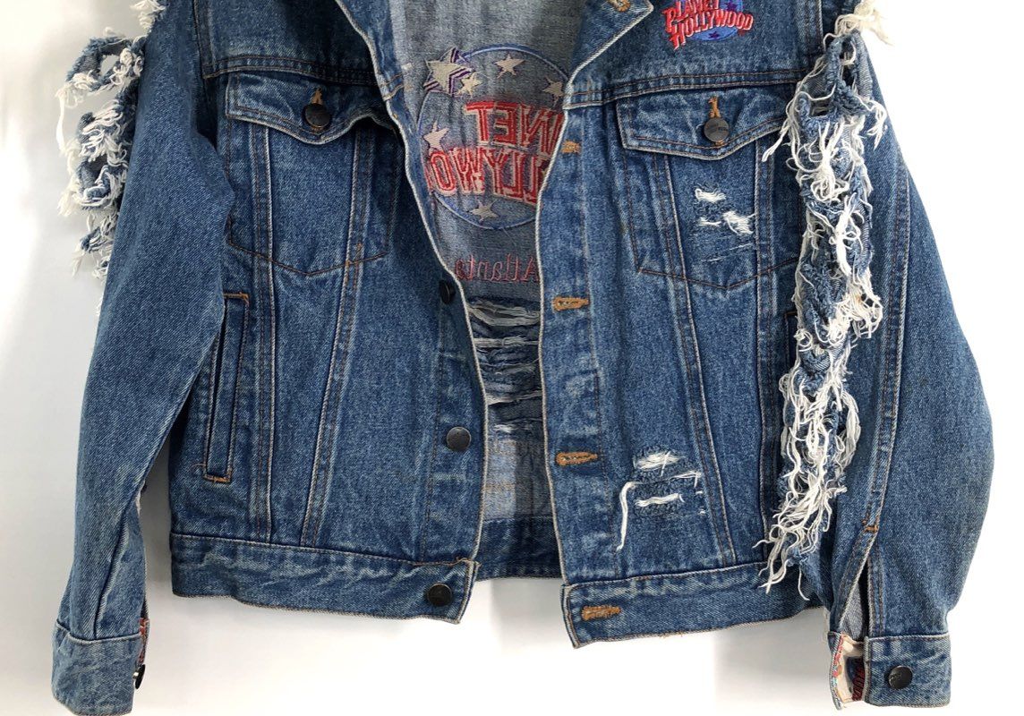 Vintage 90s Planet Hollywood Atlanta Denim Jacket Distressed Embroidered Sz 10